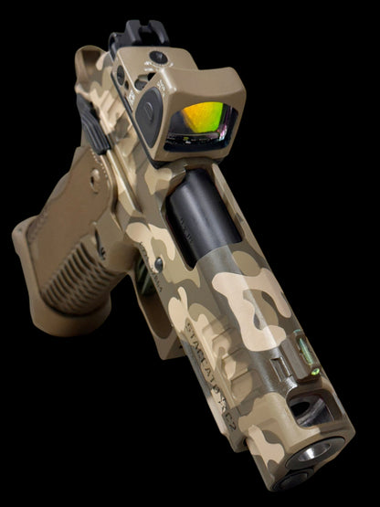STACCATO CUSTOM C2 PORTED 3.9"
MULTICAM WITH T7 ALUMINUM GRIPS, TRIJICON RMR & RED DIRT "EDGE" TRIGGER