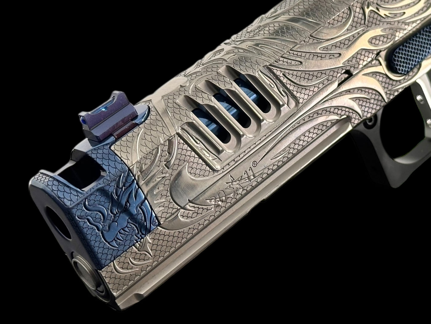 STACCATO CUSTOM XC “TRIBAL DRAGON” SILVER/BLUE PVD WITH ATLAS GRIPS AND APEX ATOM OPTIC