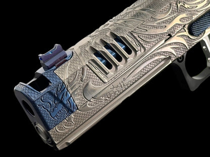 STACCATO CUSTOM XC “TRIBAL DRAGON” SILVER/BLUE PVD WITH ATLAS GRIPS AND APEX ATOM OPTIC