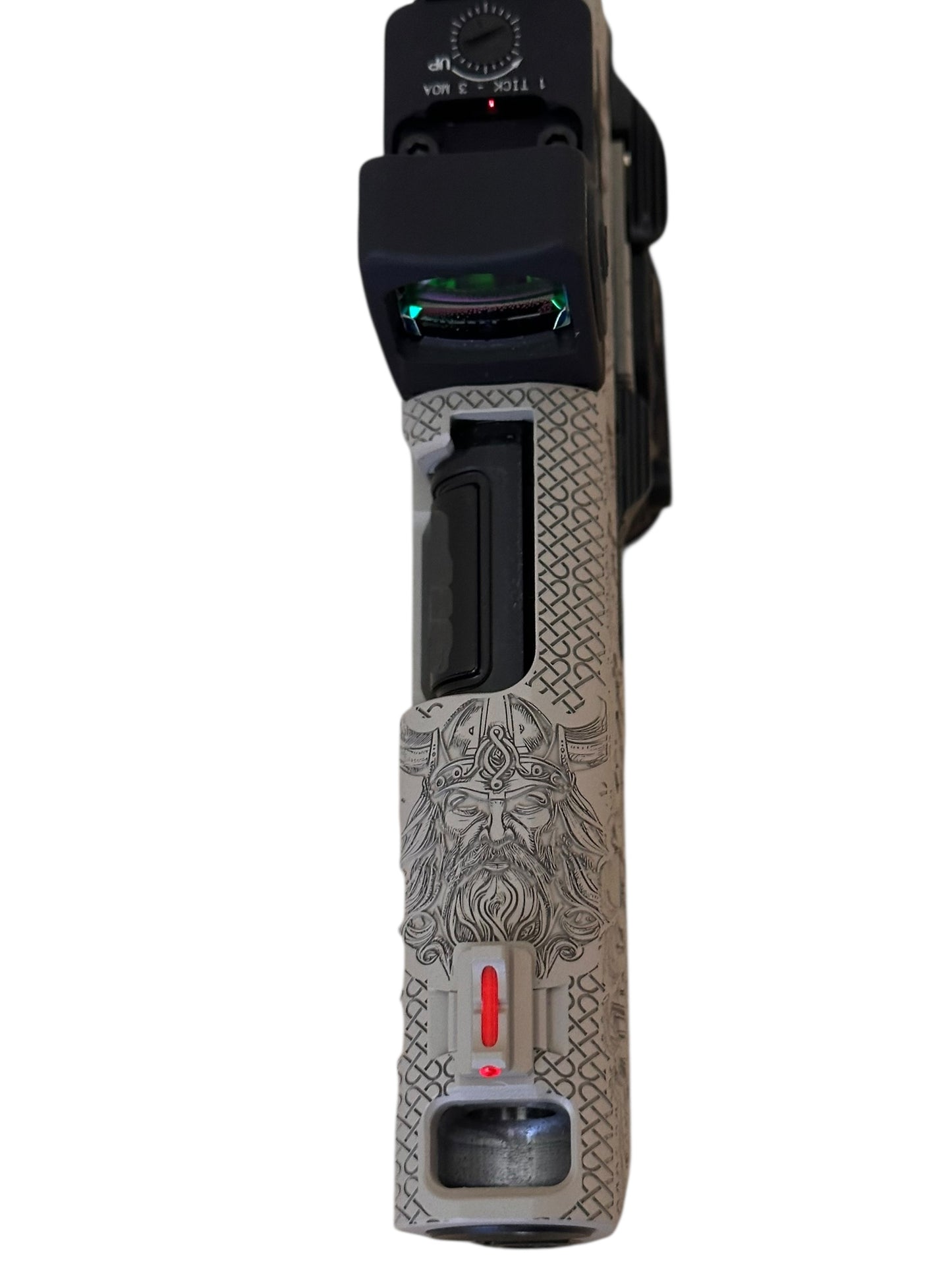 STACCATO CUSTOM CS “VIKING” PORTED 3.5” DESERT FINISH WITH TRIJICON RMRcc AND DRAGON SCALE GRIPS