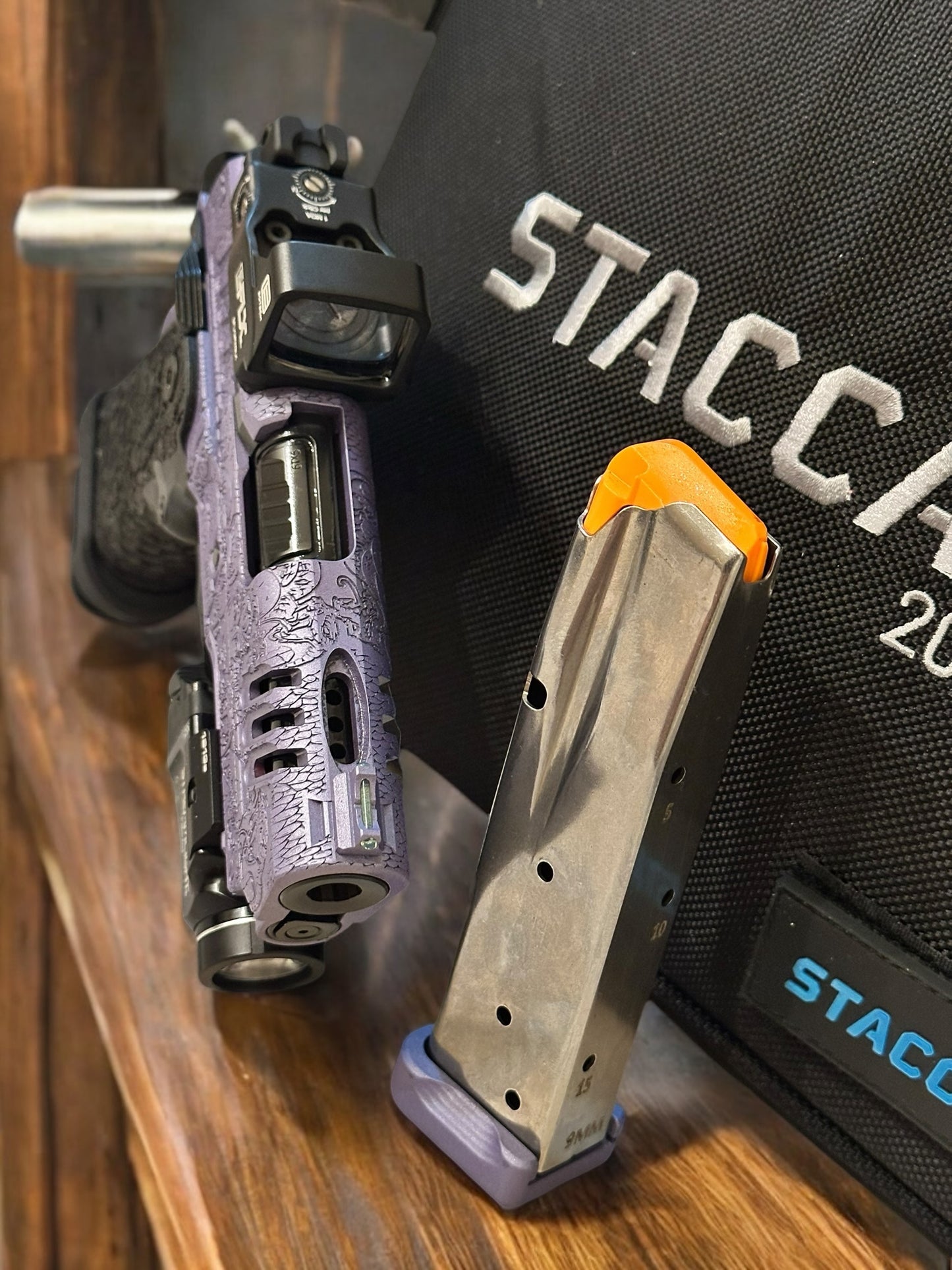 CUSTOM STACCATO CS X SERIES 3.5” PORTED BARREL “MEDUSA” ENGRAVED IN PURPLE/BLACK FINISH.