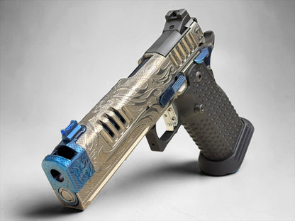STACCATO CUSTOM XC “TRIBAL DRAGON” SILVER/BLUE PVD WITH ATLAS GRIPS