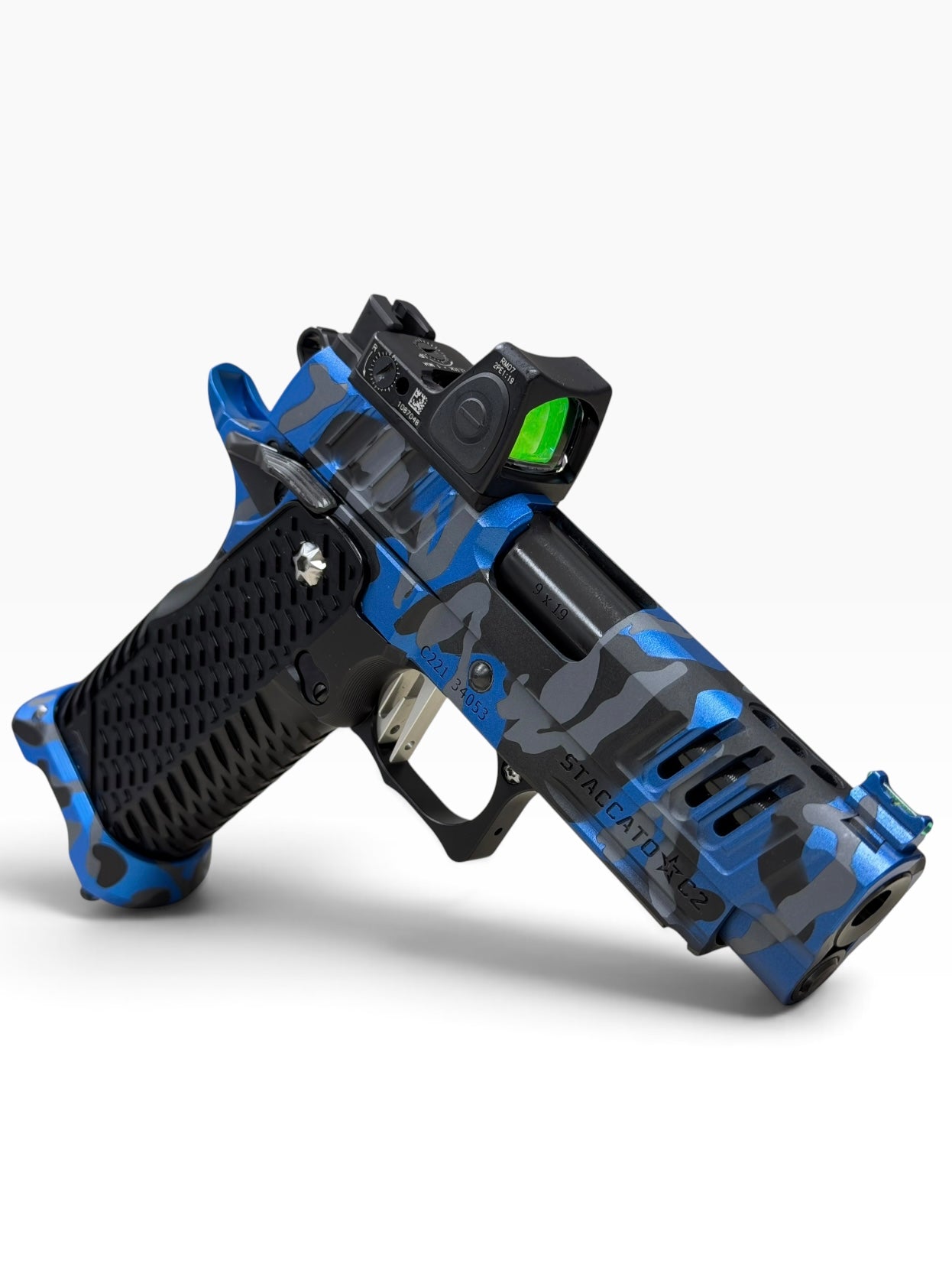 STACCATO CUSTOM C2 BLUE CAMO PORTED 3.9” DLC BARREL WITH T7 AGGRESSIVE GRIP, EDGE TRIGGER AND RMR