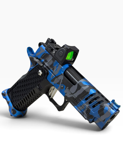 STACCATO CUSTOM C2 BLUE CAMO PORTED 3.9” DLC BARREL WITH T7 AGGRESSIVE GRIP, EDGE TRIGGER AND RMR