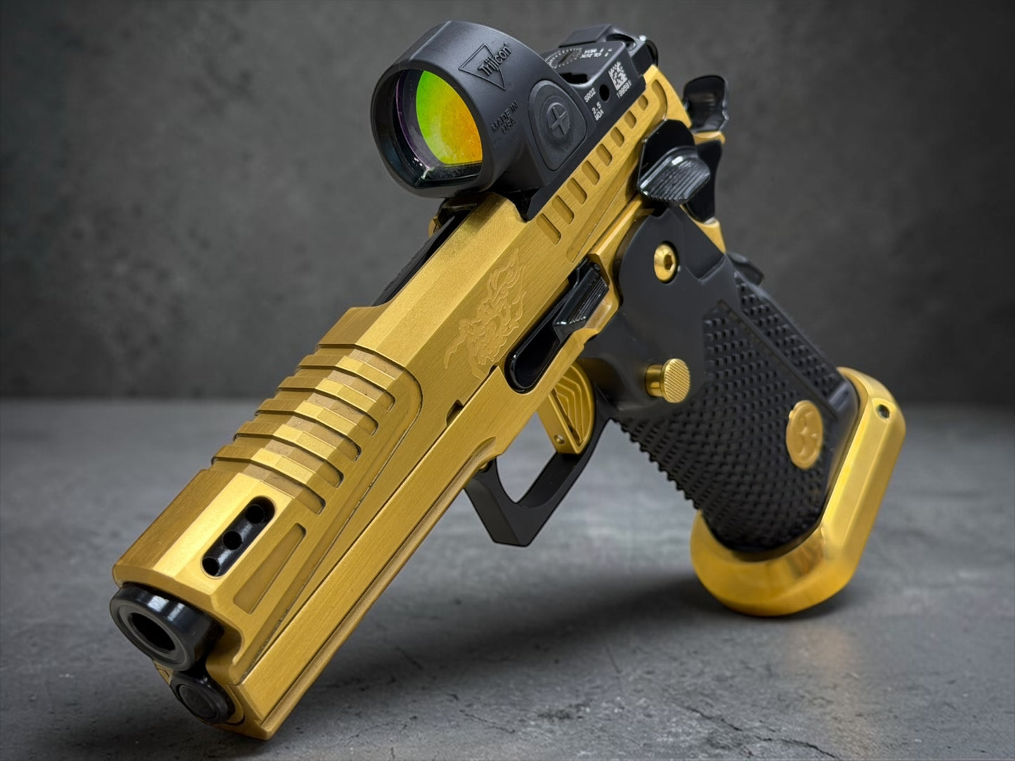 AKAI CUSTOM “DRAGON” PORTED LIMITED EDITION 1 OF 10 GOLD PVD FINISH WITH TRIJICON SRO 9MM