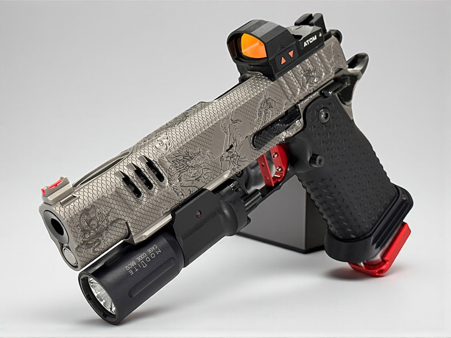 STACCATO CUSTOM XL “LAST SAMURAI” PORTED ATLAS GRIPS AND TRIGGER CHARCOAL POLISHED BLACK DLC
