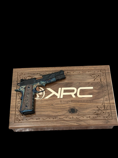 KINGS RIVER CUSTOM LEVEL III; CUSTOM WOOD DISPLAY CASE. HAND ENGRAVED CASE HARDENED .45ACP