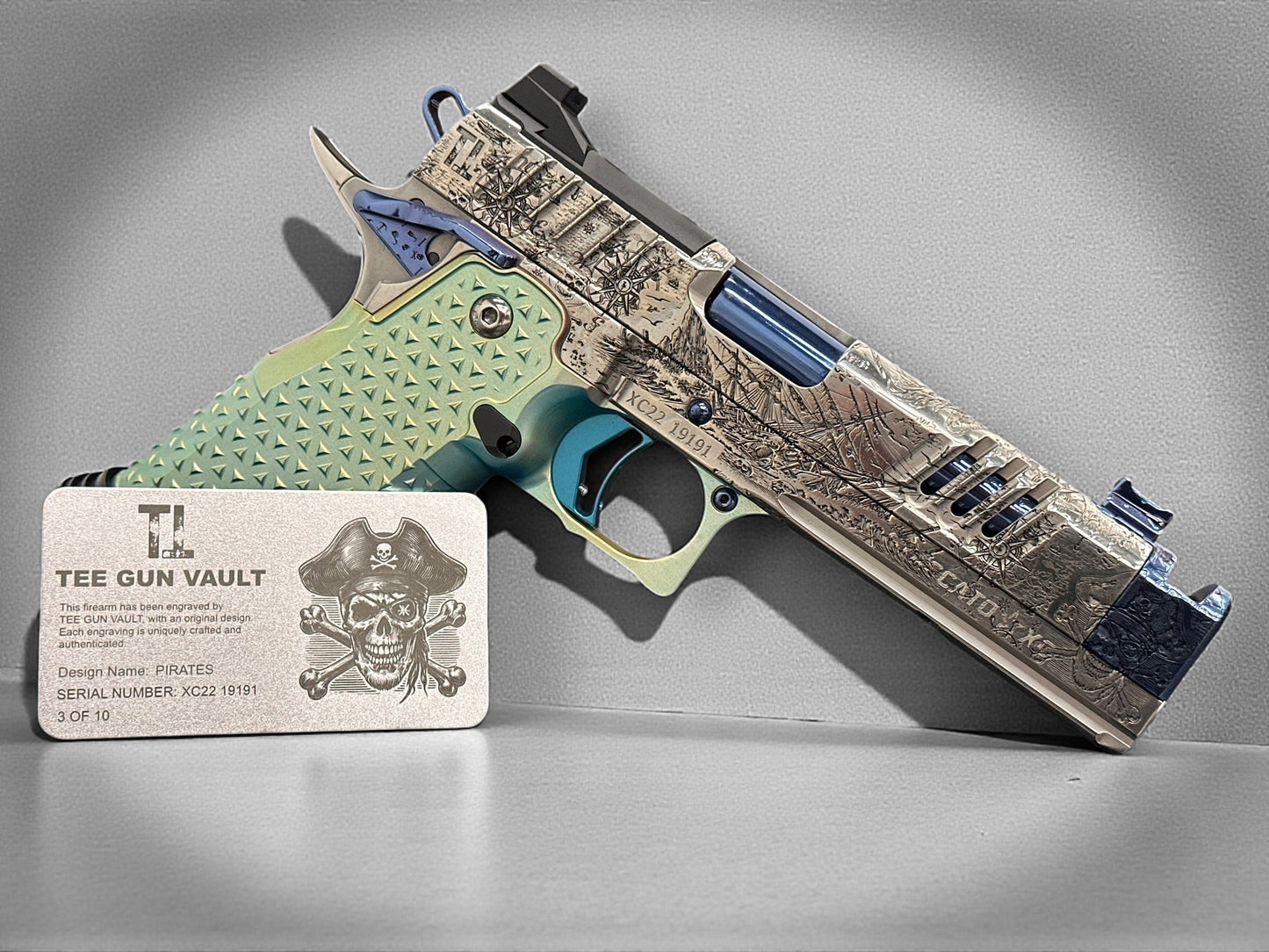 STACCATO CUSTOM XC “PIRATES” POLISHED SILVER/BLUE PVD FINISH WITH ATLAS ANODIZED GRIPS,TRIGGER AND MAG