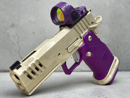 ALPHA AMERICAN VANGUARD 4.25” PORTED DLC CAMO WHITE GOLD WITH PURPLE GRIPS AND SRO