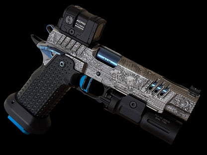 STACCATO CUSTOM XL “LAST SAMURAI” FULLY ENGRAVED PORTED IN SILVER/BLUE POLISHED PVD FINISH. ATLAS GRIPS AND TRIGGER
