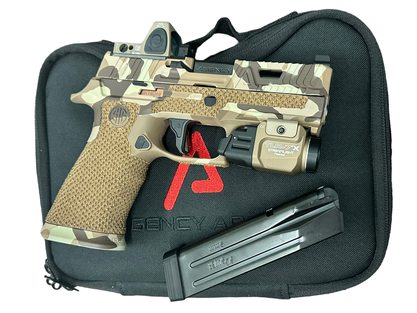 SIG SAUER P320 AGENCY ARMS FULL BUILD CAMO WITH TRIJICON RMR AND TLR 7 FLASHLIGHT