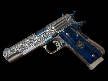ARSENAL FIREARMS 1911 DOUBLE BARREL “SECOND CENTURY” 1 OF 1 SILVER/ BLUE PVD ENGRAVED WITH GLASS CASE