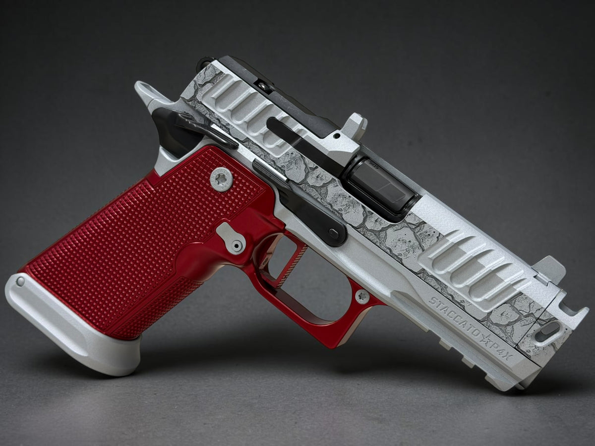 STACCATO CUSTOM P4X “ROCKS” COMPENSATED WITH RED ANODIZED ALUMINUM GRIPS AND INFINITY TRIGGER
