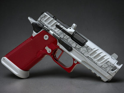 STACCATO CUSTOM P4X “ROCKS” COMPENSATED WITH RED ANODIZED ALUMINUM GRIPS AND INFINITY TRIGGER