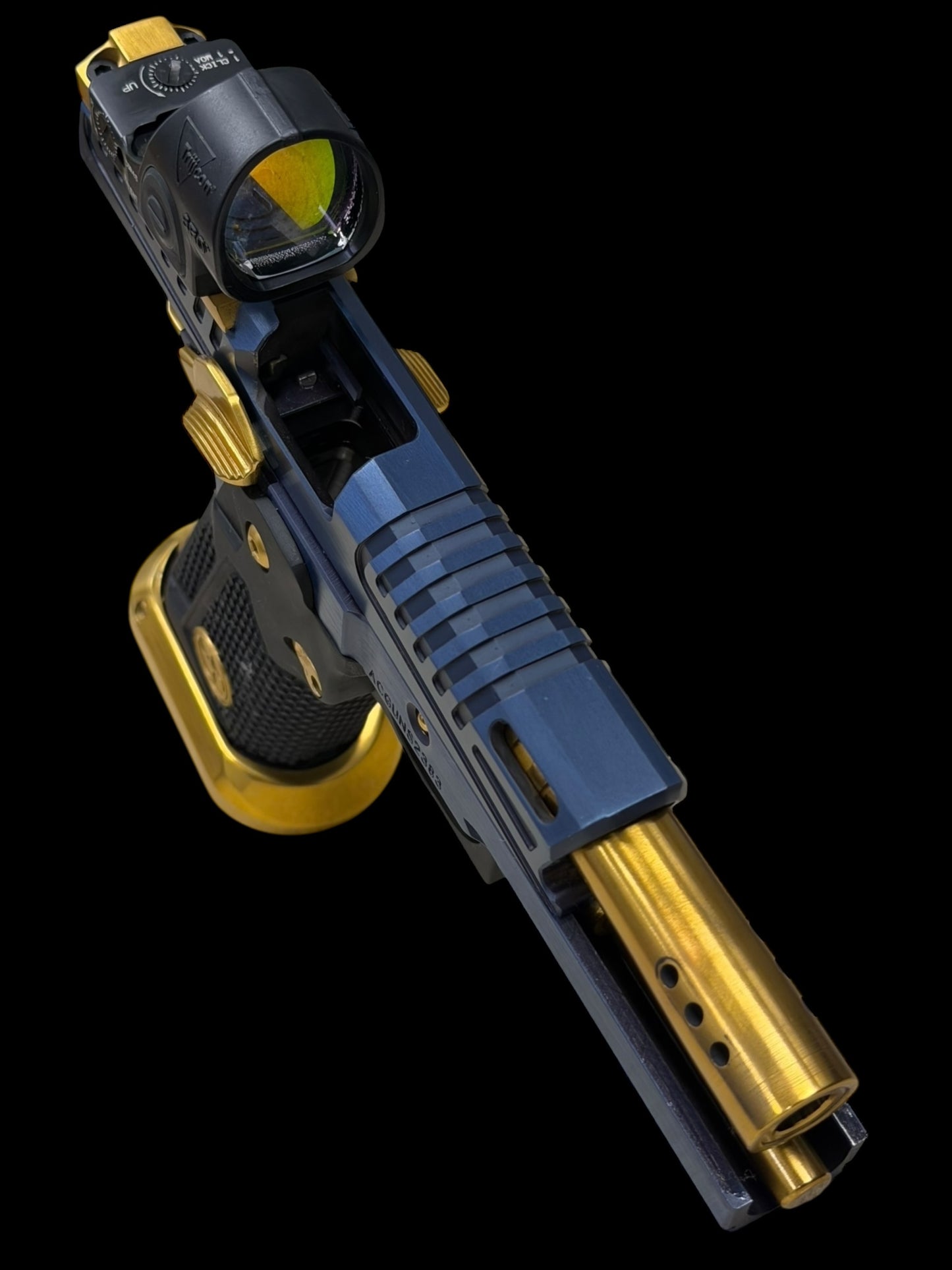 AKAI CUSTOM “DRAGON” PORTED LIMITED EDITION 1 OF 10 BLUE/ GOLD PVD FINISH WITH TRIJICON SRO 9MM (PRE OWNED)