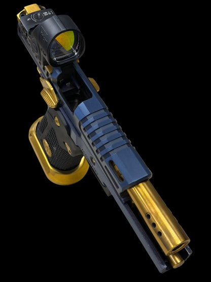 AKAI CUSTOM “DRAGON” PORTED LIMITED EDITION 1 OF 10 BLUE/ GOLD PVD FINISH WITH TRIJICON SRO 9MM (PRE OWNED)
