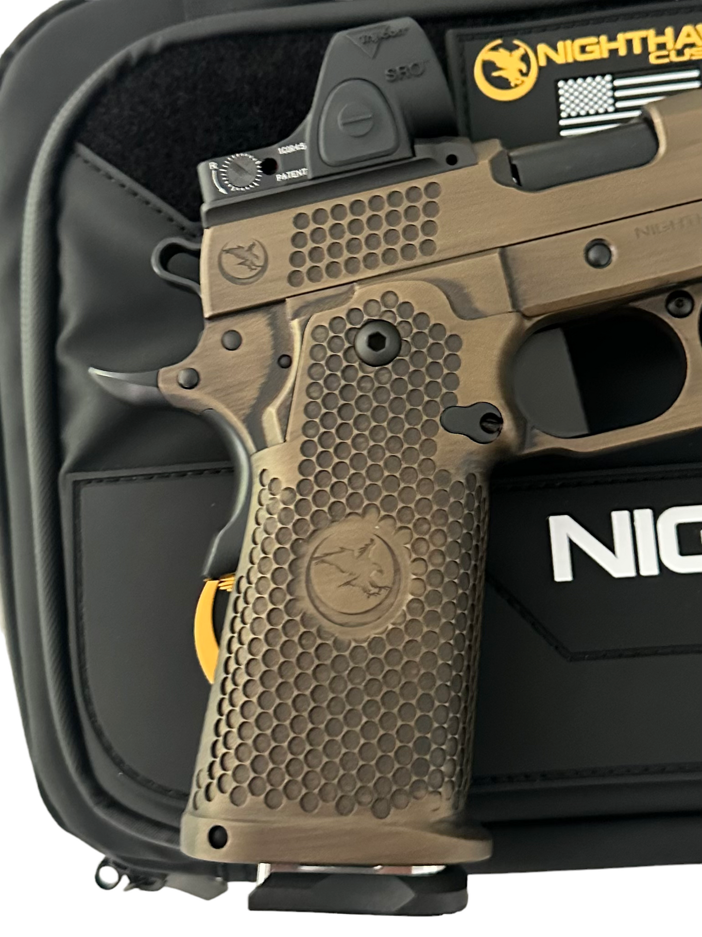 NIGHTHAWK CUSTOM TRS COMMANDER 4.25” BARREL TACTICAL READY SERIES 9MM IN BATTLE WORN BRONZE WITH TRIJICON SRO 2.5