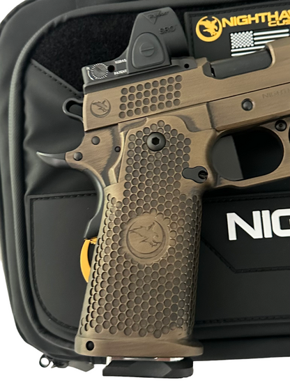 NIGHTHAWK CUSTOM TRS COMMANDER 4.25” TACTICAL READY SERIES IN BATTLE WORN BRONZE WITH TRIJICON SRO 2.5 9MM