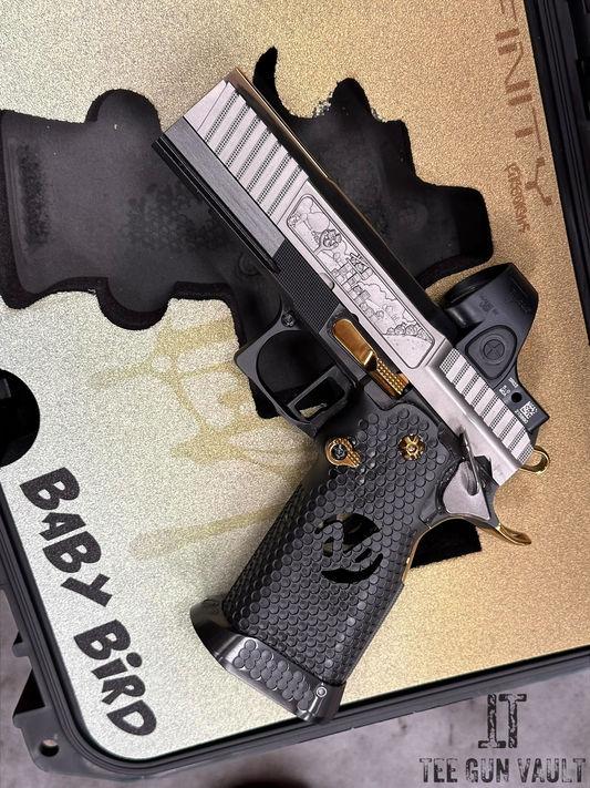 SVI/INFINITY “ANGRY” BABY BIRD CUSTOM 1 OF 1 COMMANDER SIGHT TRACKER 4.25” WITH TRIJICON SRO 9MM