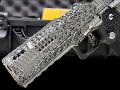 DARK FORGE WRAITH PORTED CUSTOM SCROLL ENGRAVED IN PVD SILVER FINISH WITH APEX ATOM OPTIC