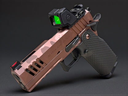 ALPHA AMERICAN VANGUARD 4.25” PORTED DLC ROSE GOLD CAMO WITH TRIJICON RMR HD AND ALUMINUM GRIPS 9mm