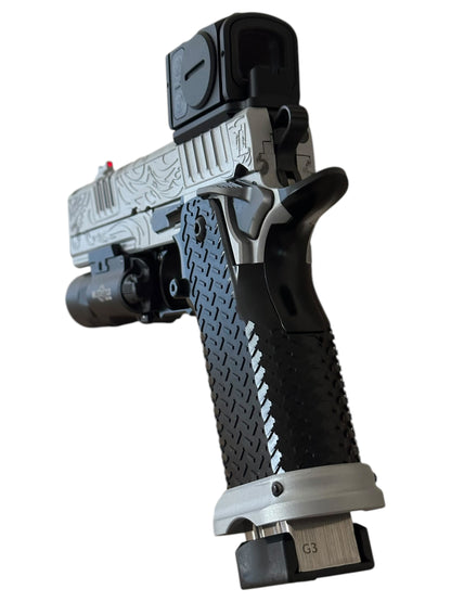 SILVER “TRIBAL DRAGON” FULLY CUSTOMIZED STACCATO XC STEEL GRIPS ENGRAVED, CERAKOTE WITH ACRO P2 & X300