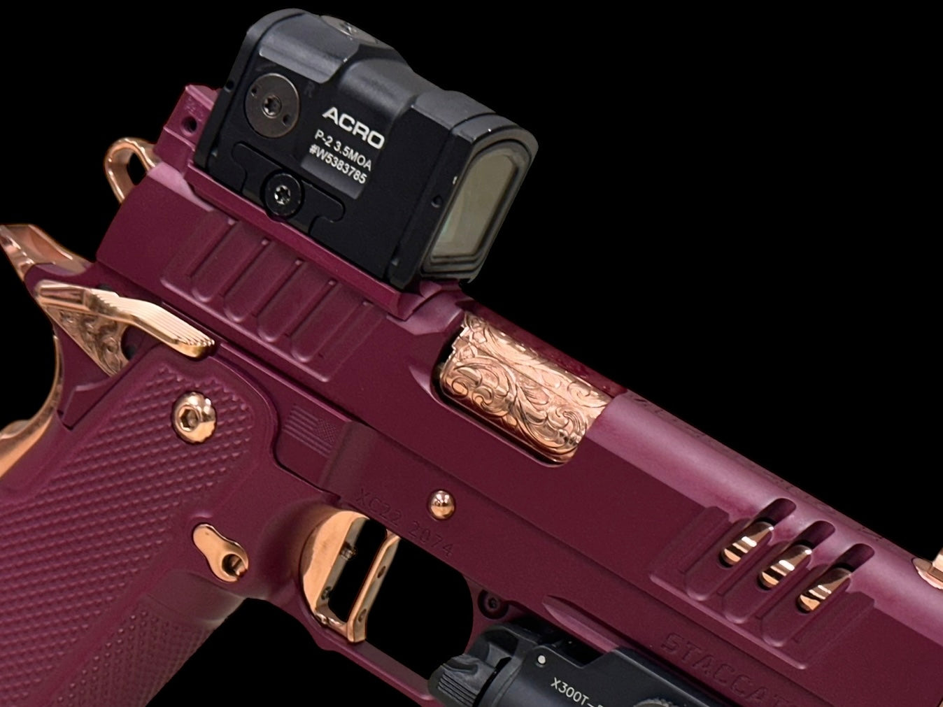 STACCATO CUSTOM XC BLACK CHERRY 18K ROSE GOLD ACCENTS WITH PHOENIX ALUMINUM GRIPS ACRO P2 , X300 (pre owned)
