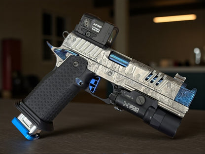 STACCATO CUSTOM XC “AEGIS” GREY/POLISHED BLUE PVD FINISH ATLAS GRIPS RED DIRT TRIGGER ACRO P2 & X300