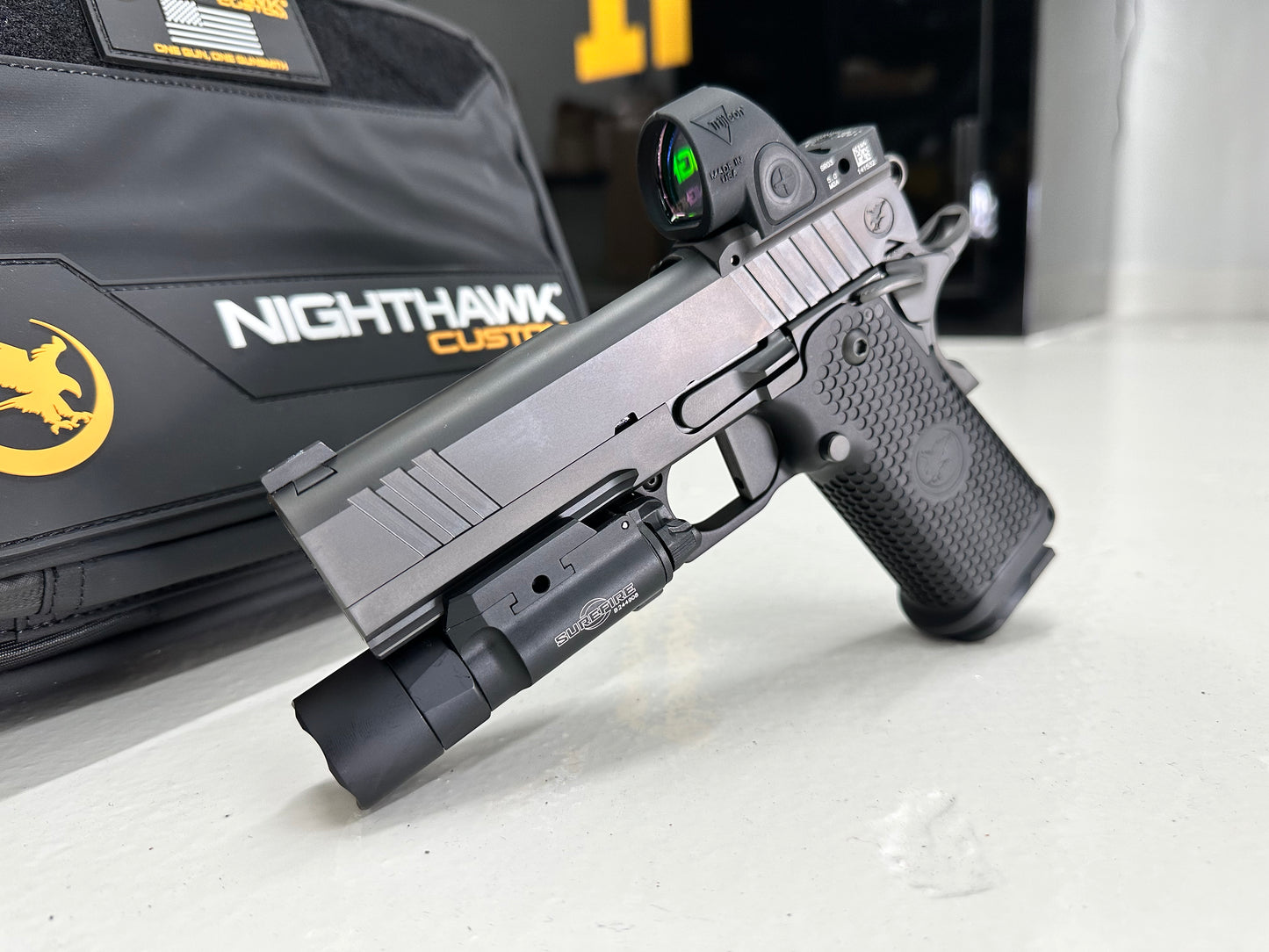 NIGHTHAWK CUSTOM TRS COMMANDER DOUBLE STACK 9MM WITH PRO TECH KNIFE SRO AND X300