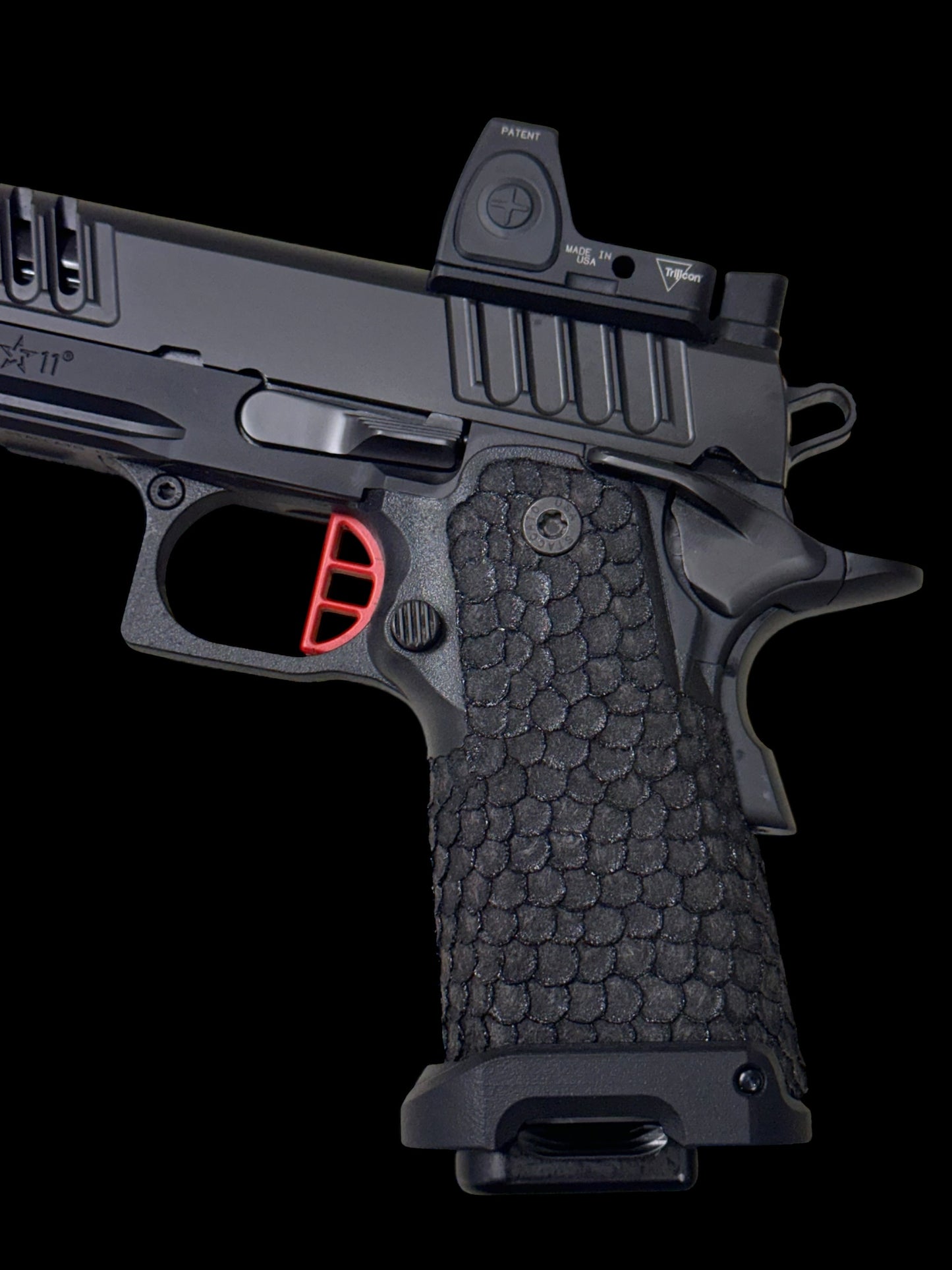 STACCATO CS X SERIES DLC BARREL FLAT TRIGGER WITH TRIJICON RMR AND DRAGON SCALE GRIPS. (Pre owned like new)