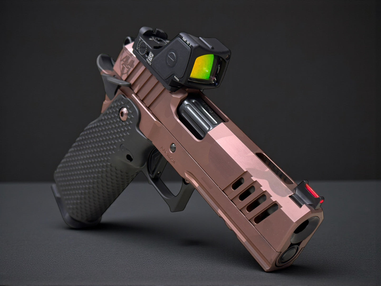 ALPHA AMERICAN VANGUARD 4.25” PORTED DLC ROSE GOLD CAMO WITH TRIJICON RMR HD AND ALUMINUM GRIPS 9mm