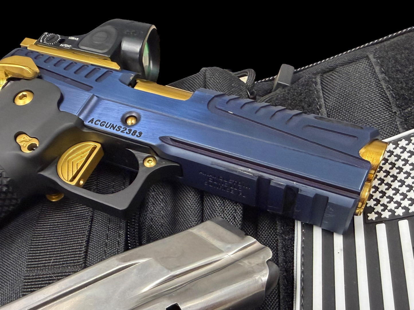 AKAI CUSTOM “DRAGON” PORTED LIMITED EDITION 1 OF 10 BLUE/ GOLD PVD FINISH WITH TRIJICON SRO 9MM (PRE OWNED)