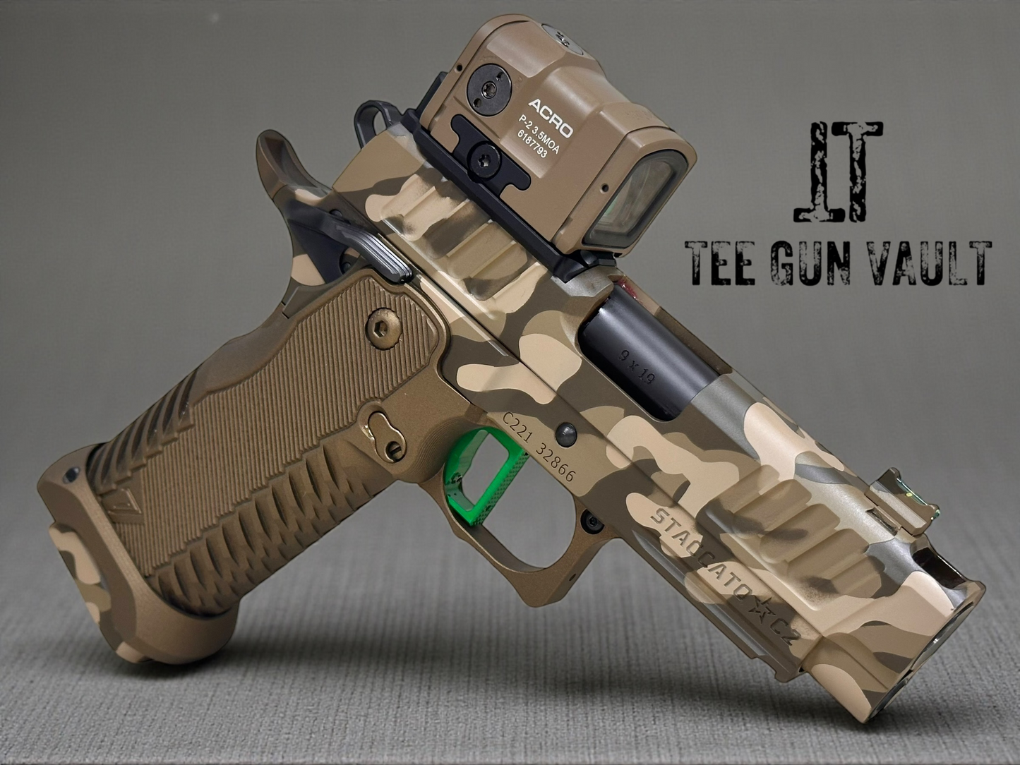 STACCATO CUSTOM C2 PORTED 3.9"
MULTICAM WITH T7 ALUMINUM GRIPS, AIMPOINT ACRO P2 & INFINITY TRIGGER