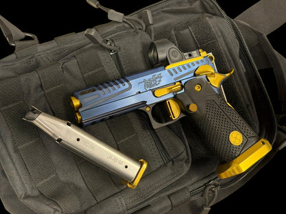 AKAI CUSTOM “DRAGON” PORTED LIMITED EDITION 1 OF 10 BLUE/ GOLD PVD FINISH WITH TRIJICON SRO 9MM (PRE OWNED)