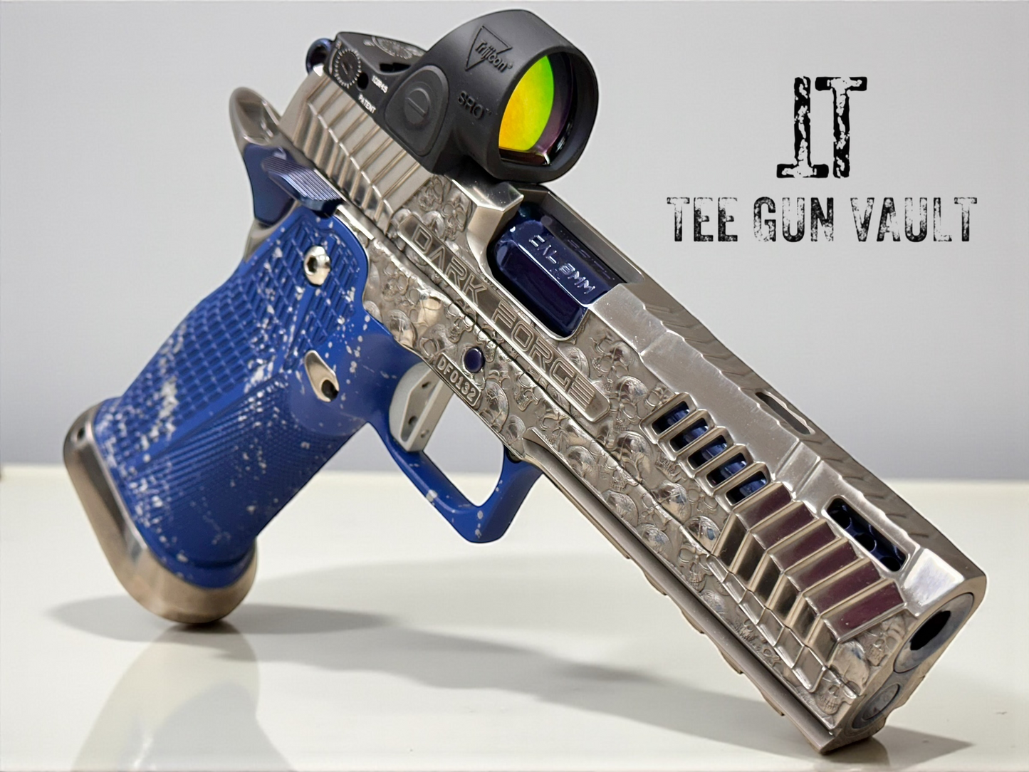 DARK FORGE WRAITH “VITA FINITA” POLISHED SILVER/BLUE FINISH WITH BLACK SRO 4.6” PORTED 9MM