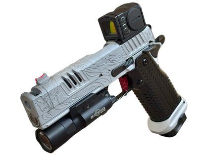 SILVER “TRIBAL DRAGON” FULLY CUSTOMIZED STACCATO XC STEEL GRIPS ENGRAVED, CERAKOTE WITH ACRO P2 & X300