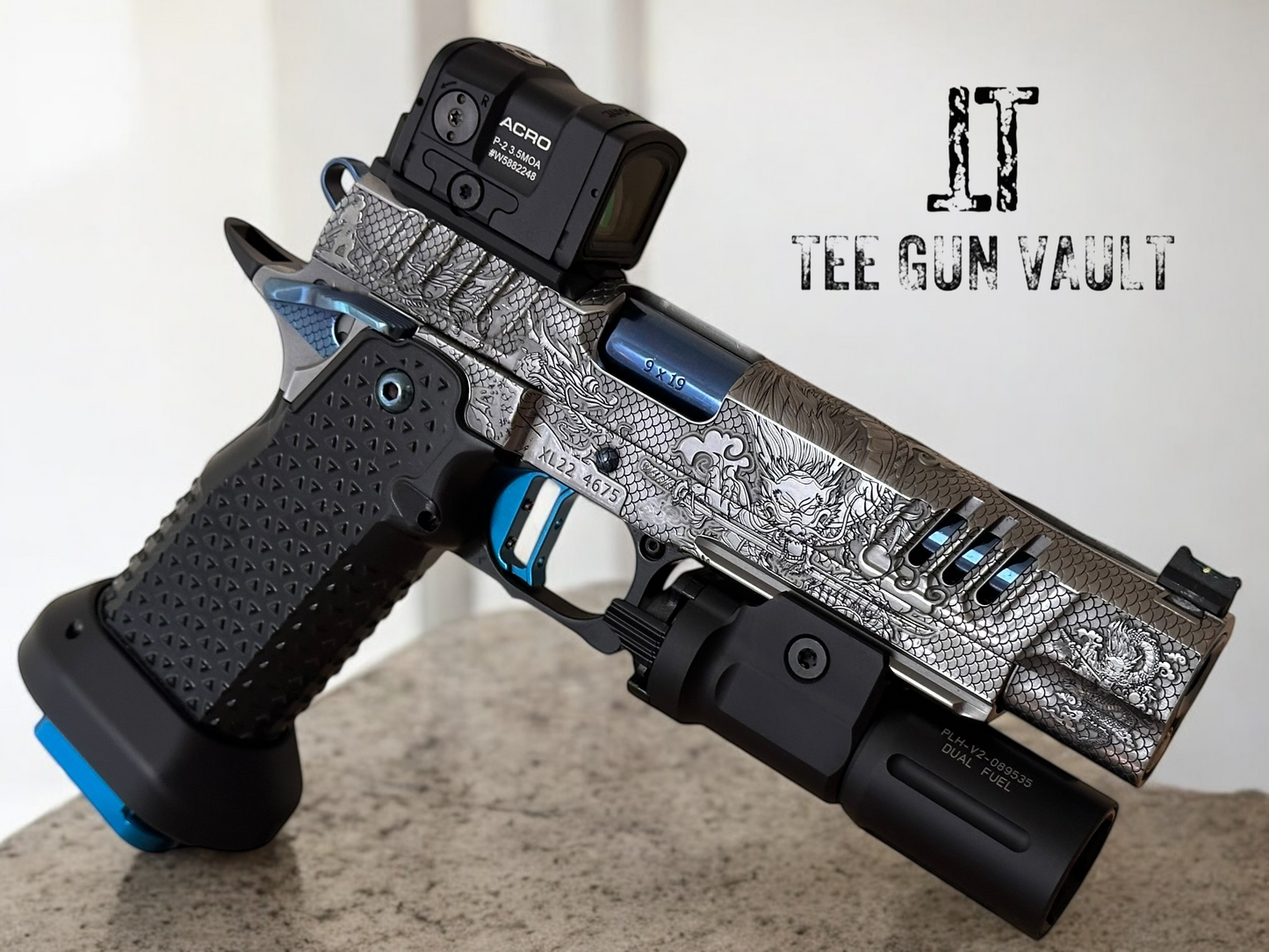 STACCATO CUSTOM XL “LAST SAMURAI” FULLY ENGRAVED PORTED IN SILVER/BLUE POLISHED PVD FINISH. ATLAS GRIPS AND TRIGGER