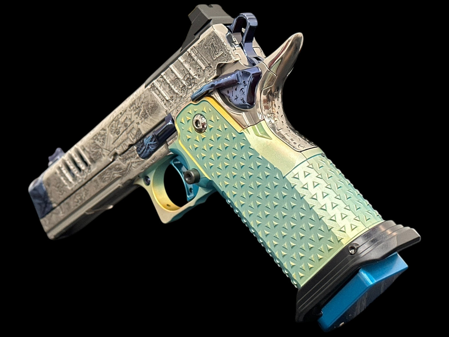 STACCATO CUSTOM XC “PIRATES” POLISHED SILVER/BLUE PVD FINISH WITH ATLAS ANODIZED GRIPS,TRIGGER AND MAG