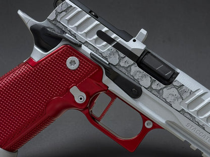 STACCATO CUSTOM P4X “ROCKS” COMPENSATED WITH RED ANODIZED ALUMINUM GRIPS AND INFINITY TRIGGER