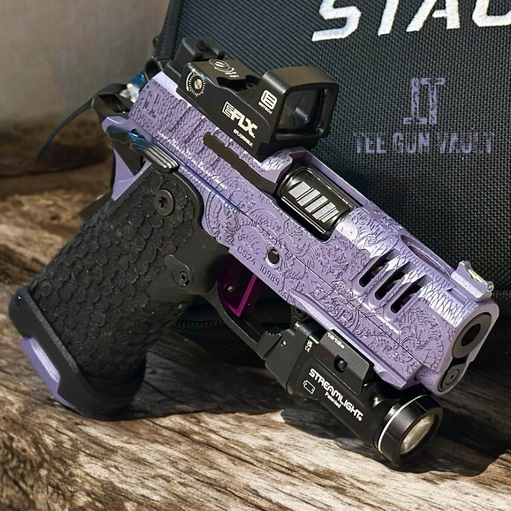 CUSTOM STACCATO CS X SERIES 3.5” PORTED BARREL “MEDUSA” ENGRAVED IN PURPLE/BLACK FINISH.