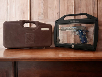 ARSENAL FIREARMS 1911 DOUBLE BARREL “SECOND CENTURY” 1 OF 1 SILVER/ BLUE PVD ENGRAVED WITH GLASS CASE