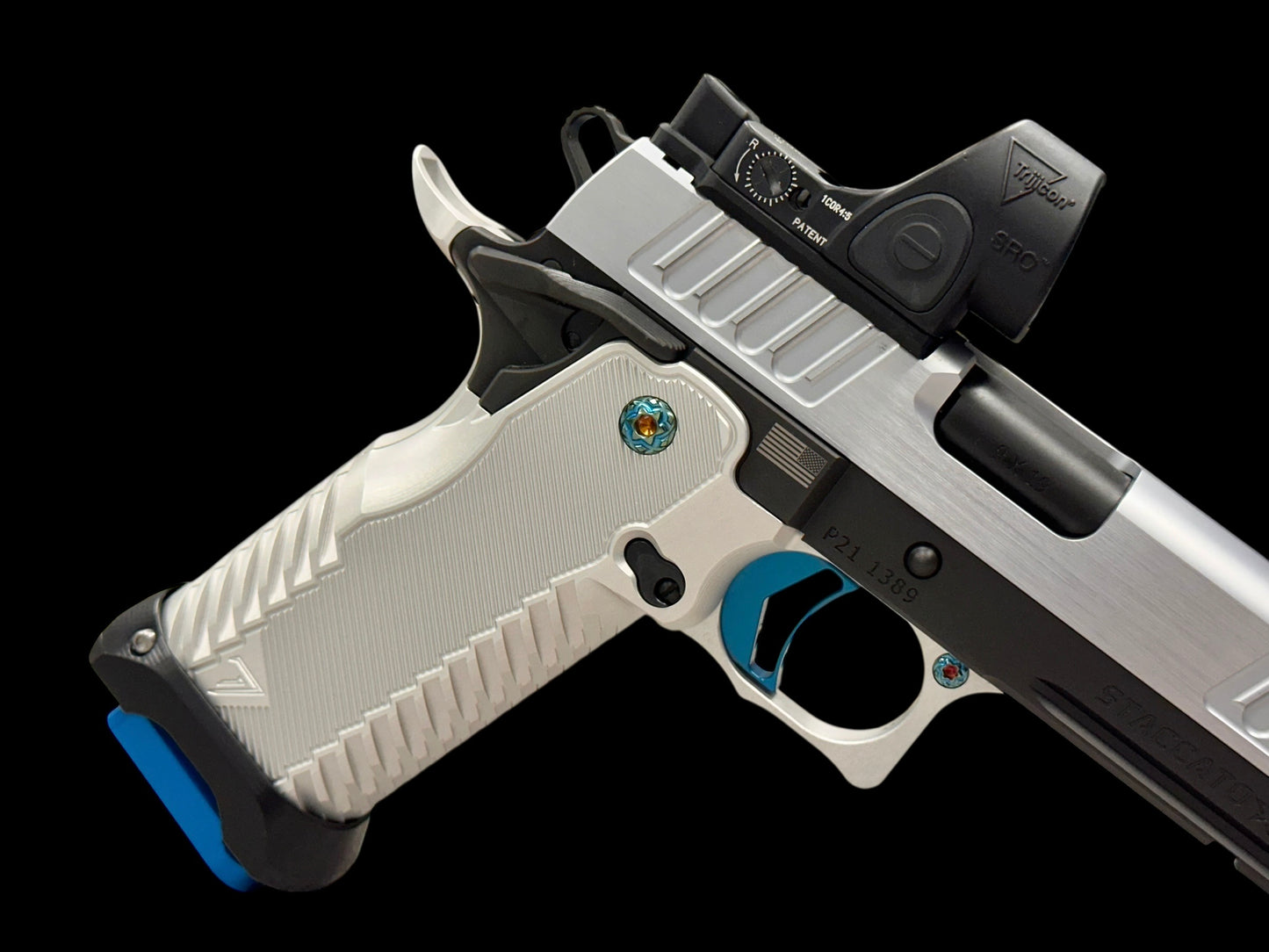 STACCATO P RARE POLISHED HARD CHROME SLIDE W ANODIZED T7 SILVER ALUMINUM GRIP SRO AND ATLAS TRIGGER