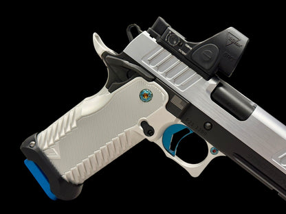 STACCATO P RARE POLISHED HARD CHROME SLIDE W ANODIZED T7 SILVER ALUMINUM GRIP SRO AND ATLAS TRIGGER