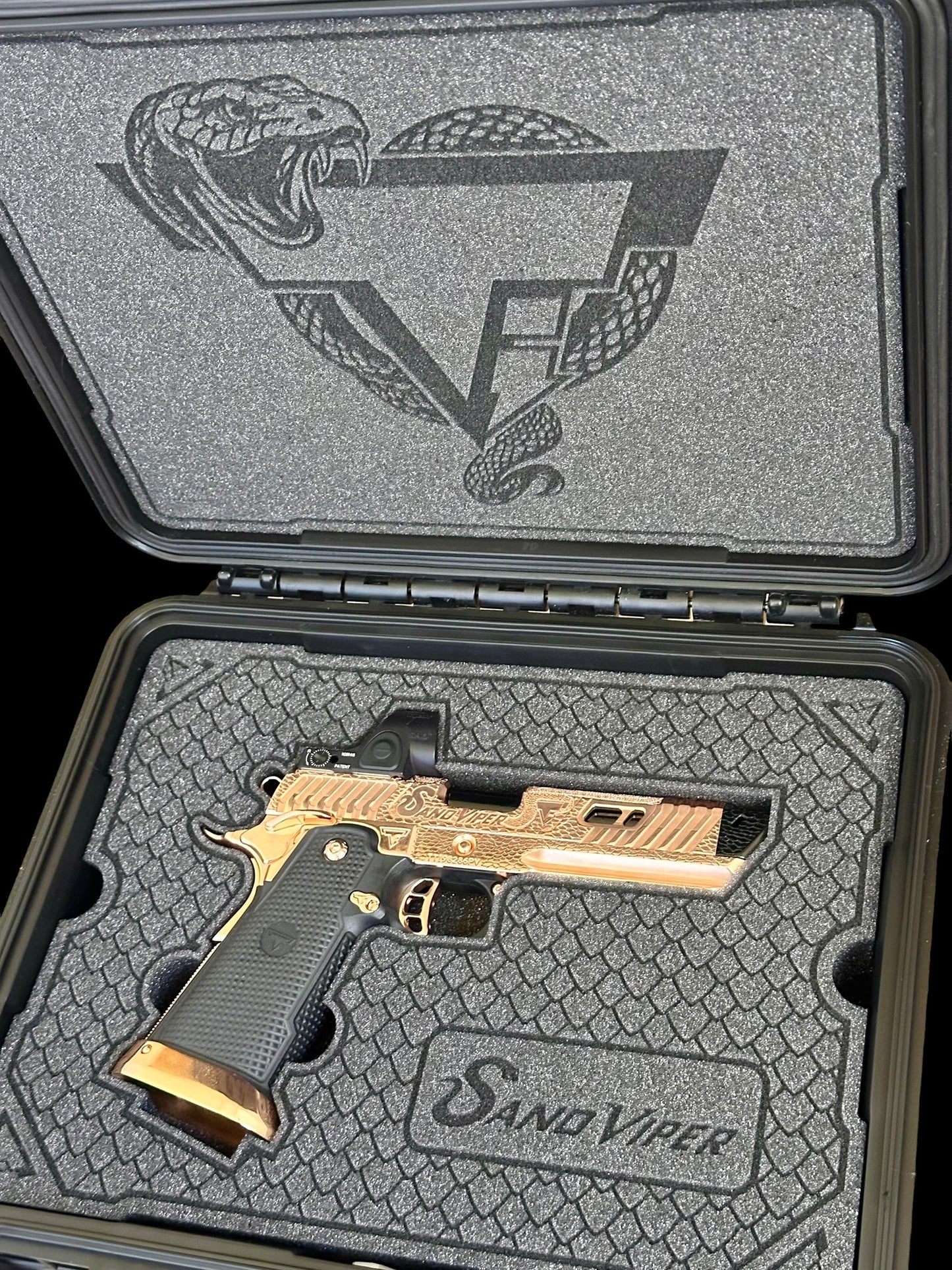 TARAN TACTICAL SAND VIPER “SOLARA” BLACKTIP 18K ROSE GOLD NEW GRIPS 2011 9MM SRO