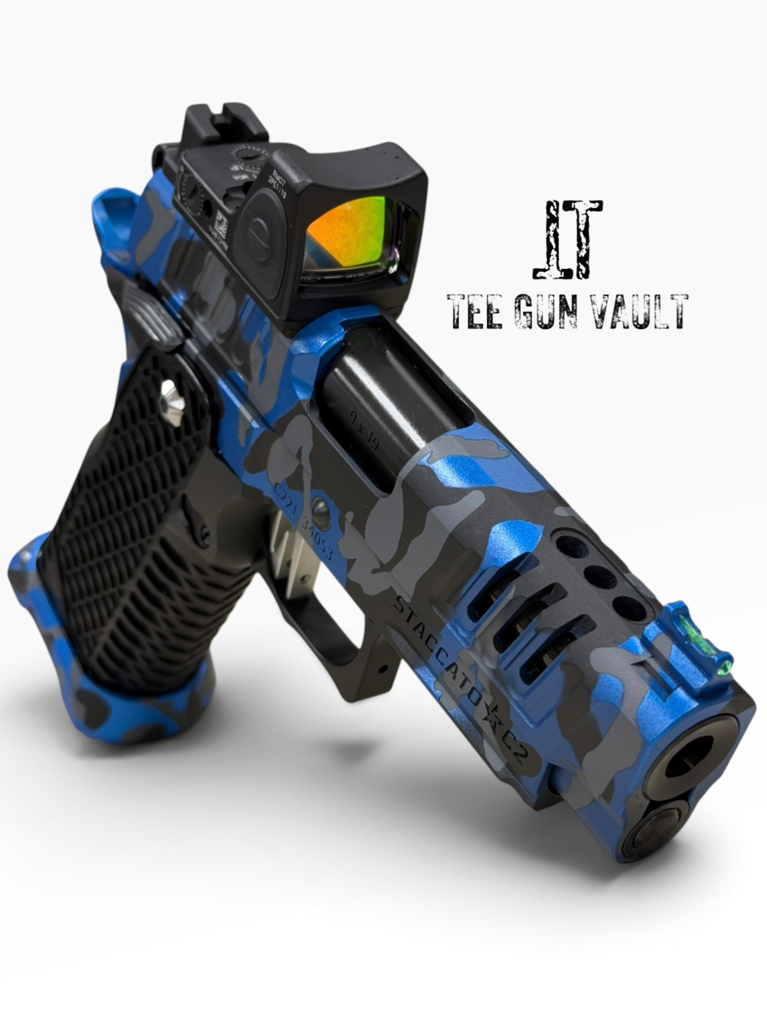 STACCATO CUSTOM C2 BLUE CAMO PORTED 3.9” DLC BARREL WITH T7 AGGRESSIVE GRIP, EDGE TRIGGER AND RMR