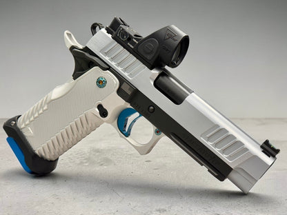 STACCATO P RARE POLISHED HARD CHROME SLIDE W ANODIZED T7 SILVER ALUMINUM GRIP SRO AND ATLAS TRIGGER