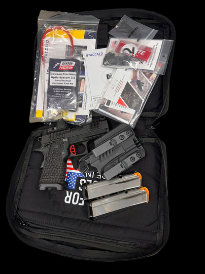 STACCATO CS X SERIES DLC BARREL FLAT TRIGGER WITH TRIJICON RMR AND DRAGON SCALE GRIPS. (Pre owned like new)