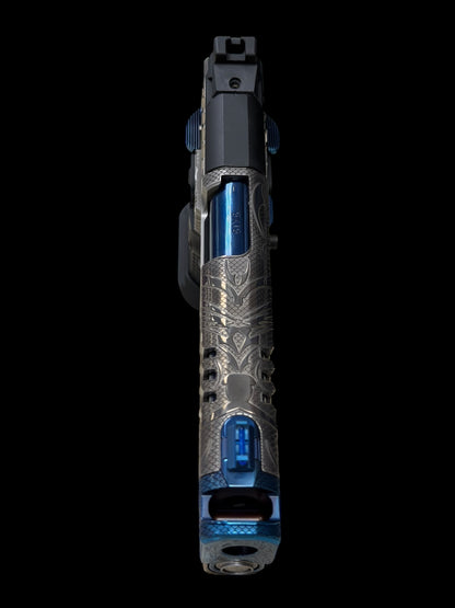 STACCATO CUSTOM XC “TRIBAL DRAGON” SILVER/BLUE PVD WITH ATLAS GRIPS