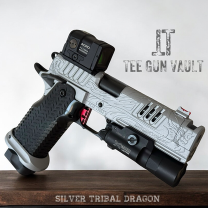 SILVER “TRIBAL DRAGON” FULLY CUSTOMIZED STACCATO XC STEEL GRIPS ENGRAVED, CERAKOTE WITH ACRO P2 & X300
