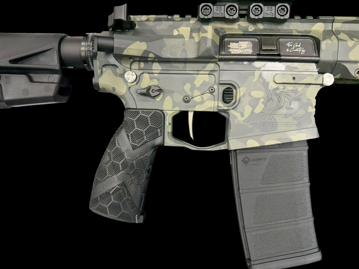 MUSTANG ARMAMENT 5.56 “CHESTY” GREY CAMO 8” CUSTOM BILLET.